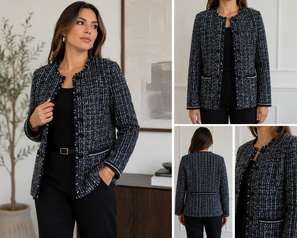 White House Black Market XL Tweed Jacket Boucle Fringe Career Chanel Style